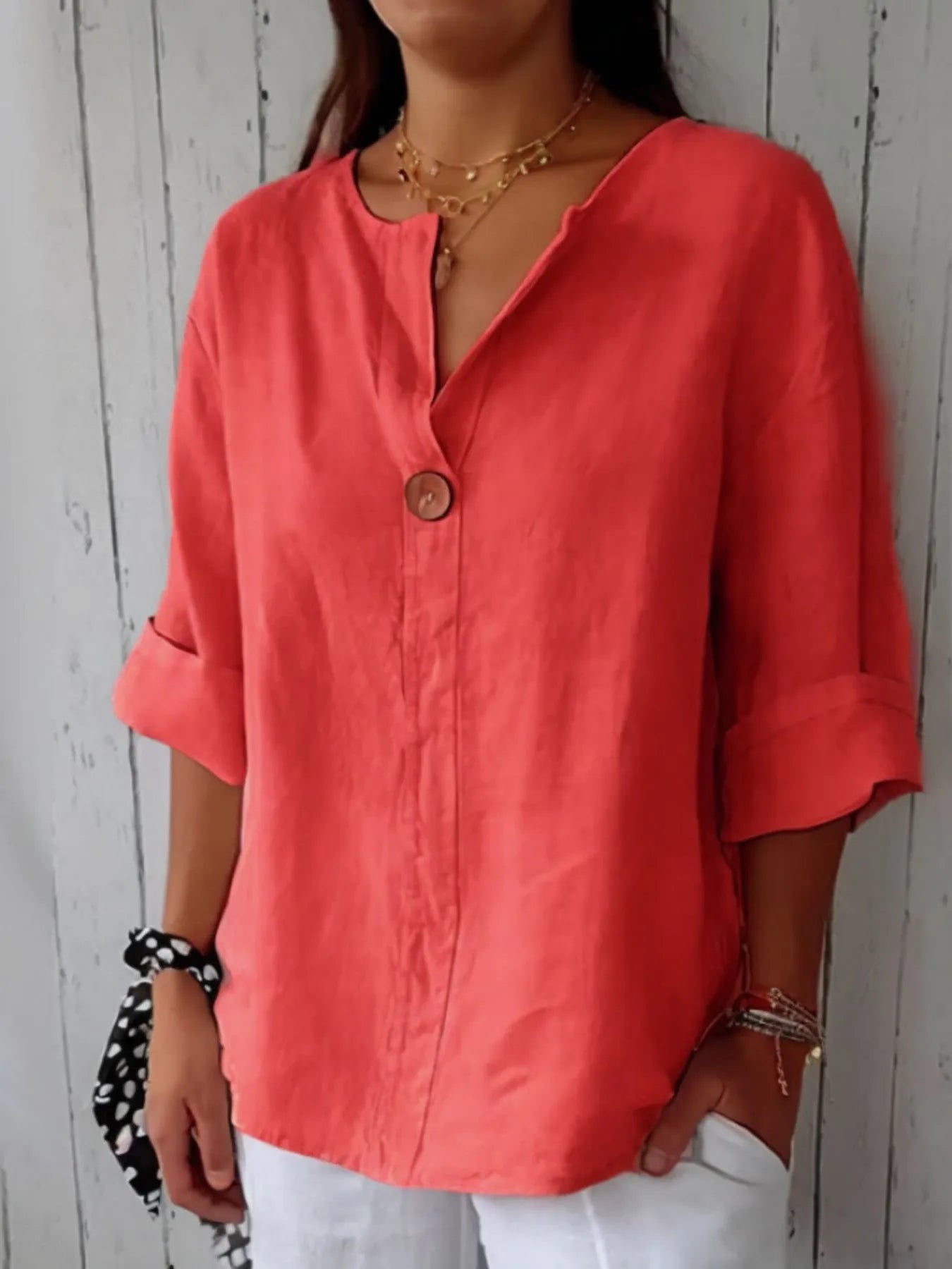 Full Size Linen Blend Notched Blouse Plus Size