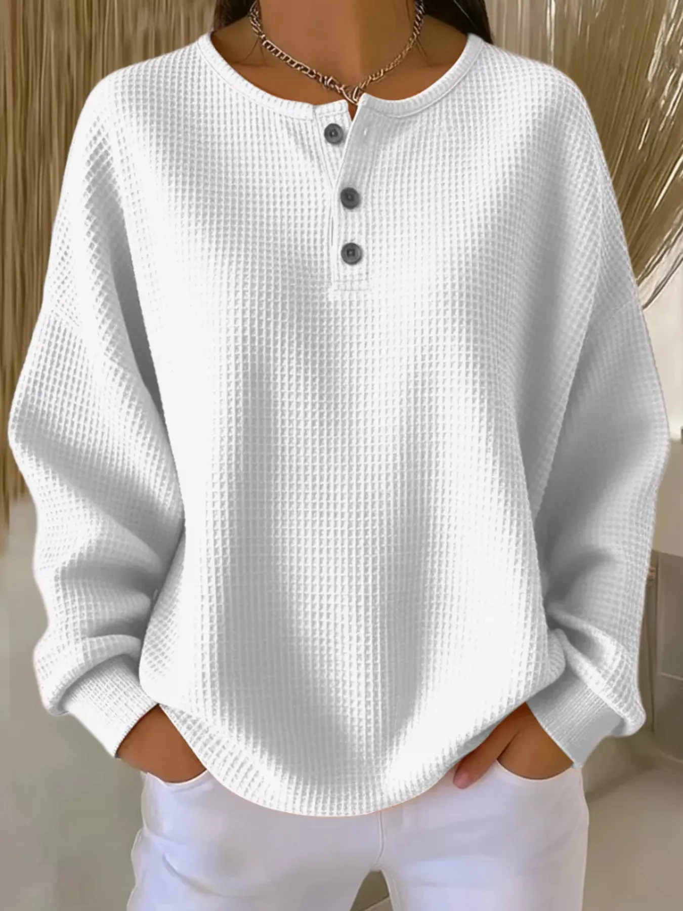 Casual Waffle Henry Collar Sweatshirt