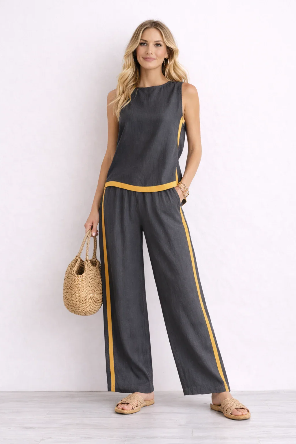Contrast Color High Waisted Pants + Round-Neck Sleeveless Top Two Pieces Set