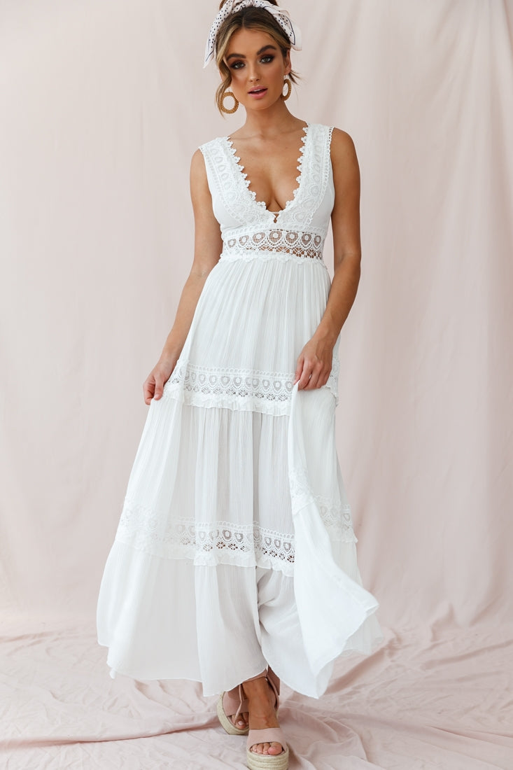 V-Cut White Boho Maxi Dress