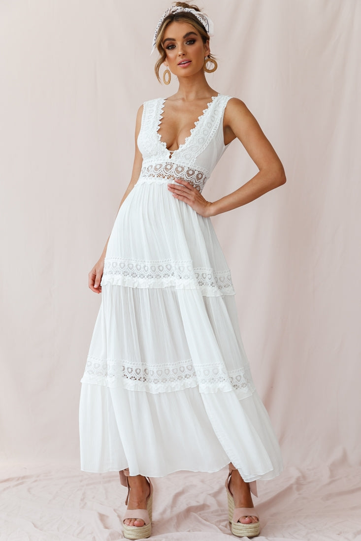 V-Cut White Boho Maxi Dress