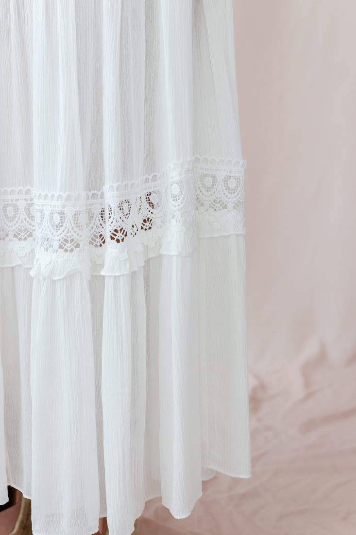 V-Cut White Boho Maxi Dress