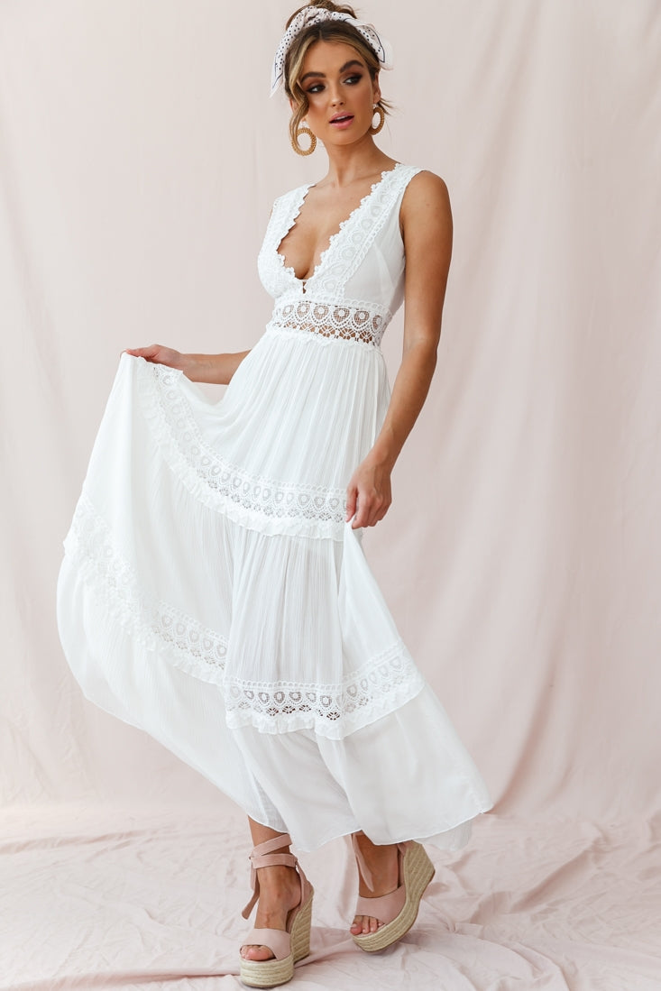 V-Cut White Boho Maxi Dress