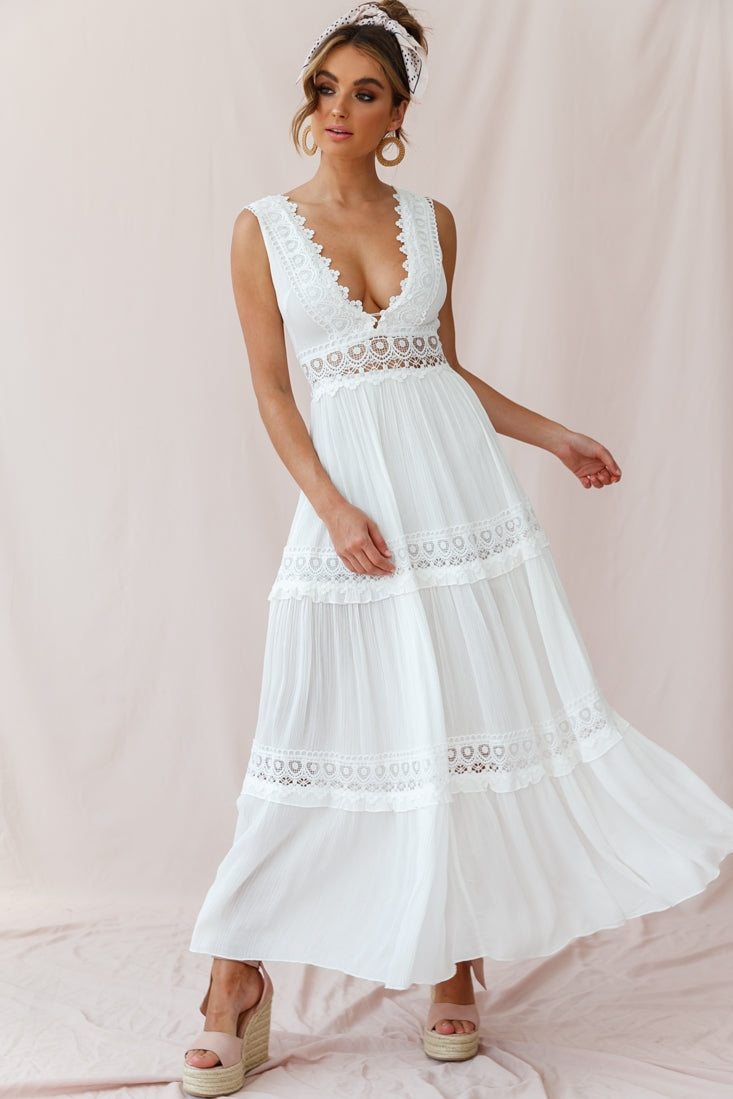 V-Cut White Boho Maxi Dress