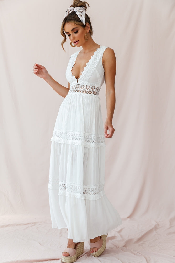 V-Cut White Boho Maxi Dress