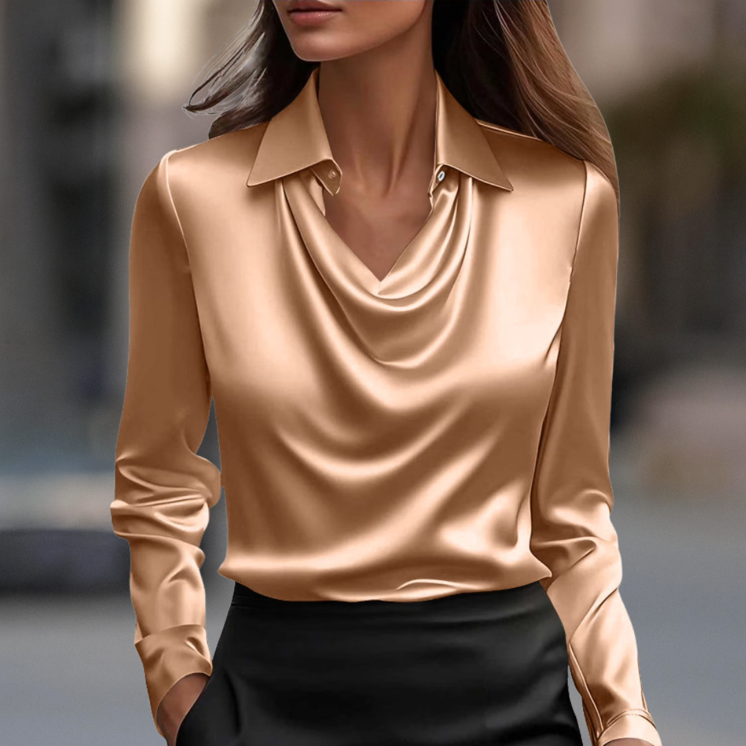 Oanvor Chic Silky Satin Draped Neck Blouse