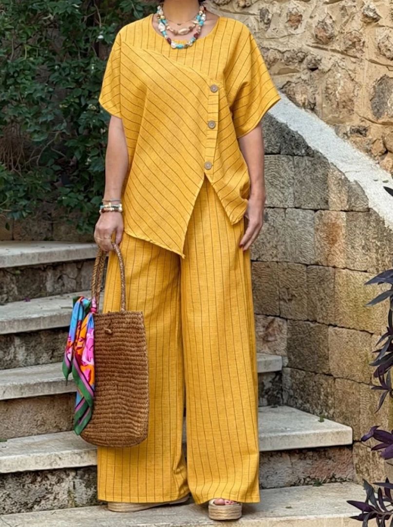 Women's Striped Linen Two-Piece Set - Asymmetrical Button Top & Wide Leg Pants