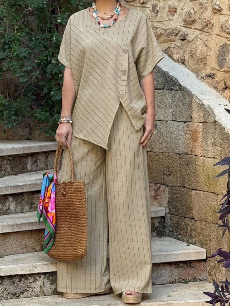 Women's Striped Linen Two-Piece Set - Asymmetrical Button Top & Wide Leg Pants