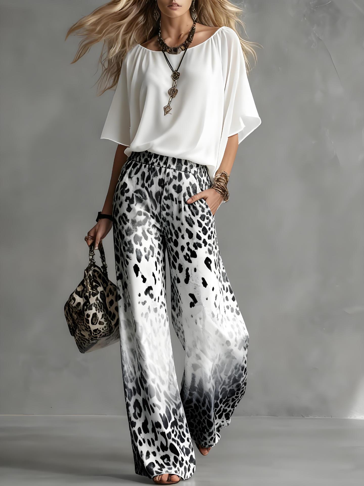 New Arrivals🔥 Modern And Stylish White T-shirt And Leopard Print Chiffon Pants Set