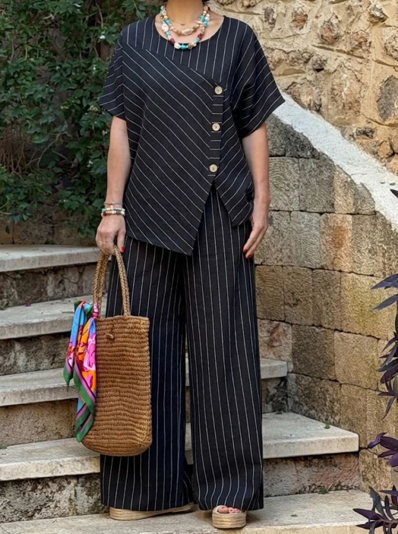 Women's Striped Linen Two-Piece Set - Asymmetrical Button Top & Wide Leg Pants