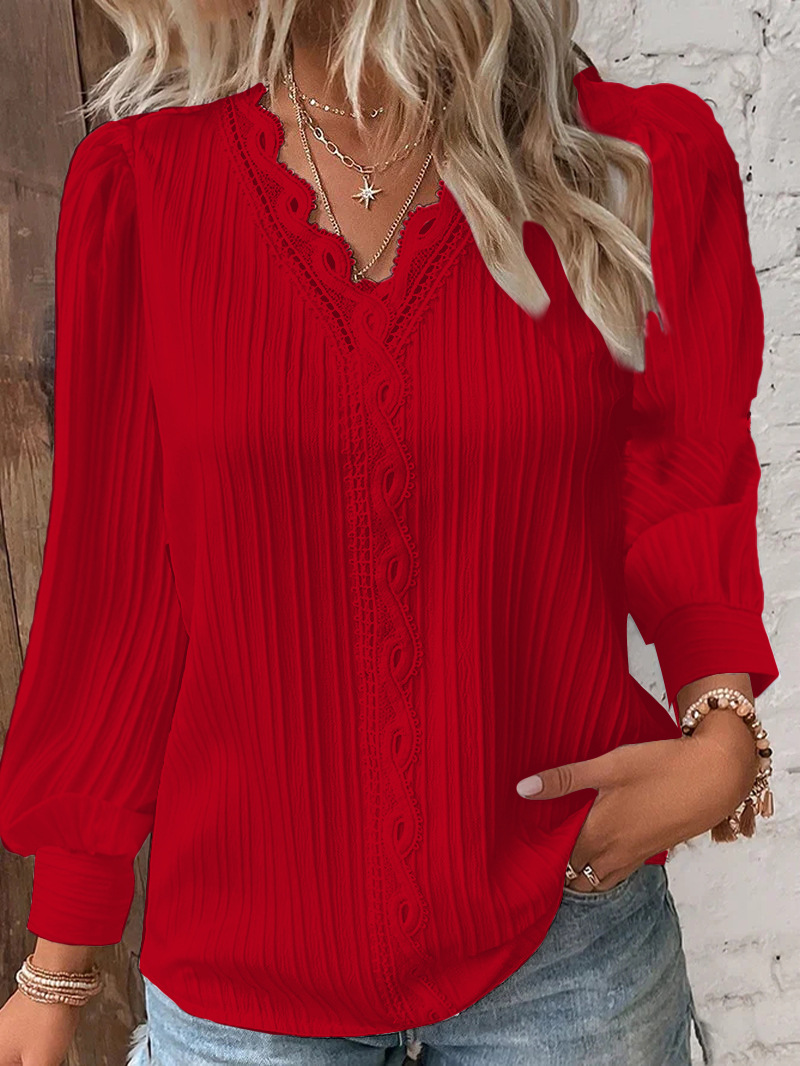Women’s Elegant Solid Hollow Out Lace Blouse Summer Casual Loose Short Sleeve Shirt