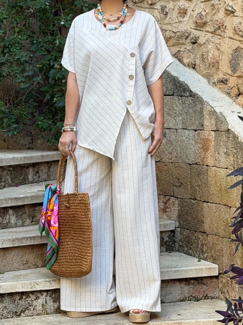Women's Striped Linen Two-Piece Set - Asymmetrical Button Top & Wide Leg Pants