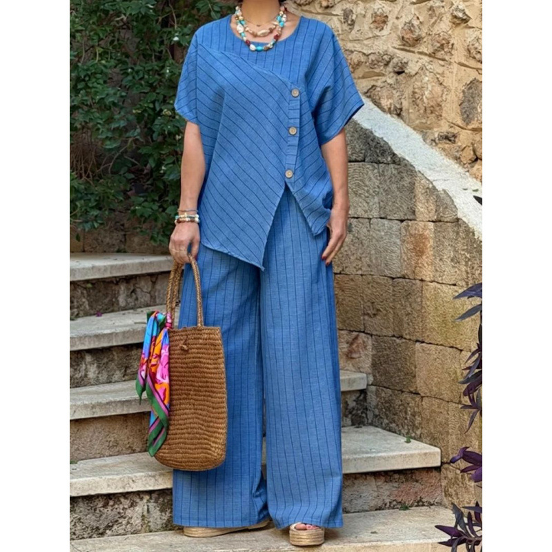 Women's Striped Linen Two-Piece Set - Asymmetrical Button Top & Wide Leg Pants