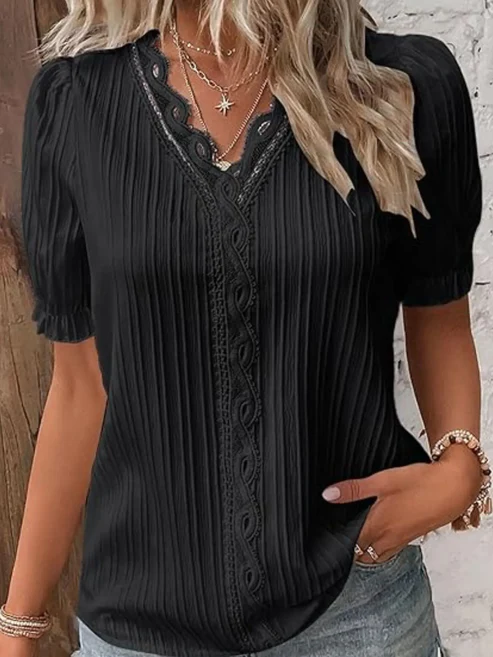 Women’s Elegant Solid Hollow Out Lace Blouse Summer Casual Loose Short Sleeve Shirt