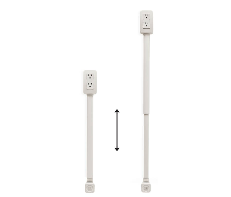 The image shows two views of an adjustable or extendable power strip or wall outlet extender.