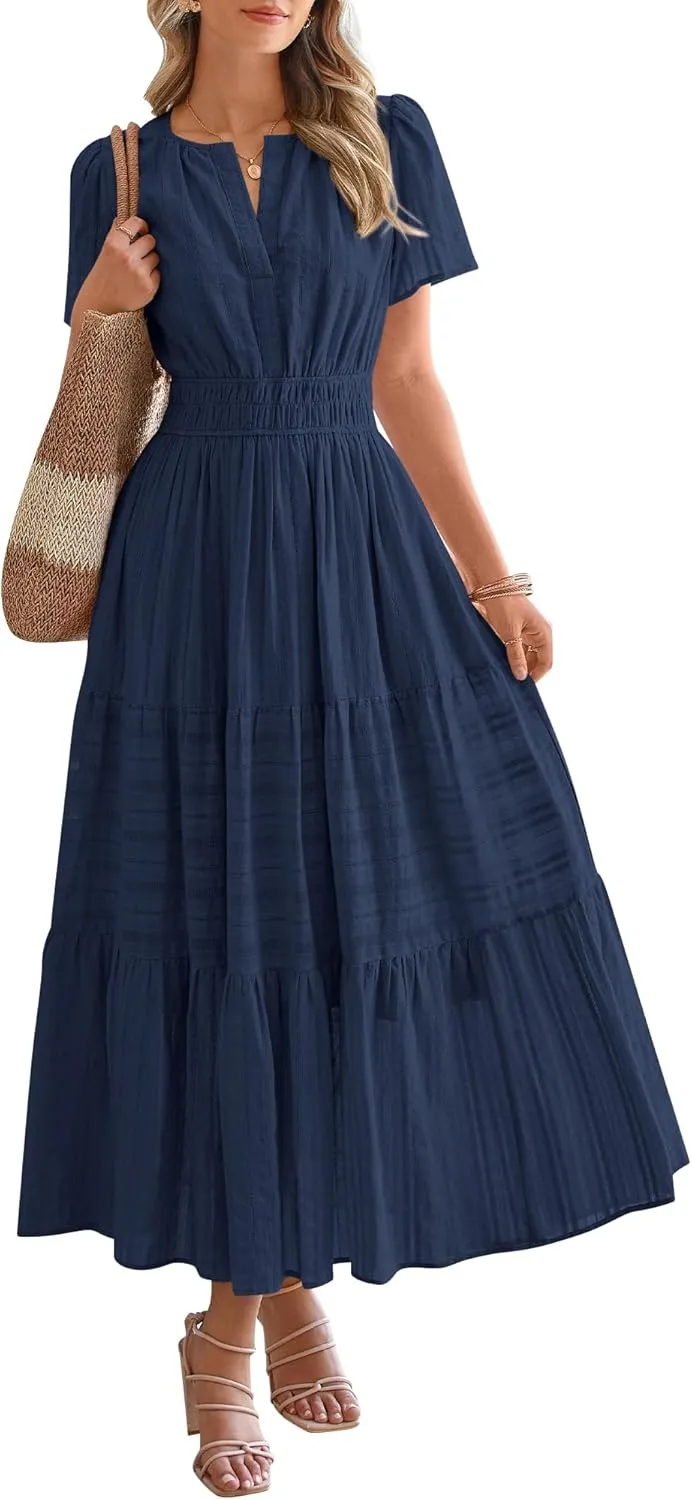 Women's V-Neck Pleated Long Dress – Elegant Solid Short Sleeve Maxi Dress