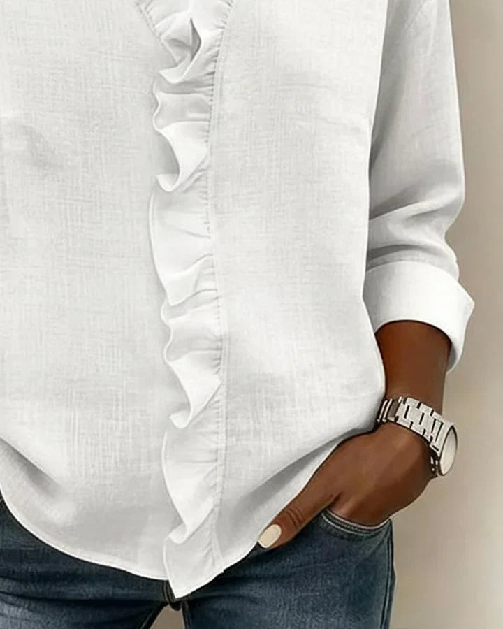 Linen Ruffled V-Neck Long-Sleeve Shirt