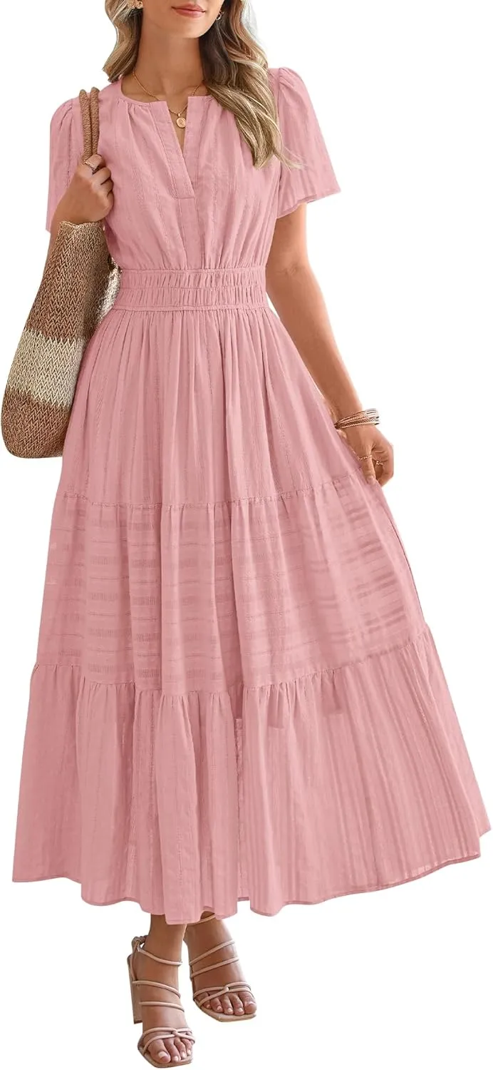 Women's V-Neck Pleated Long Dress – Elegant Solid Short Sleeve Maxi Dress