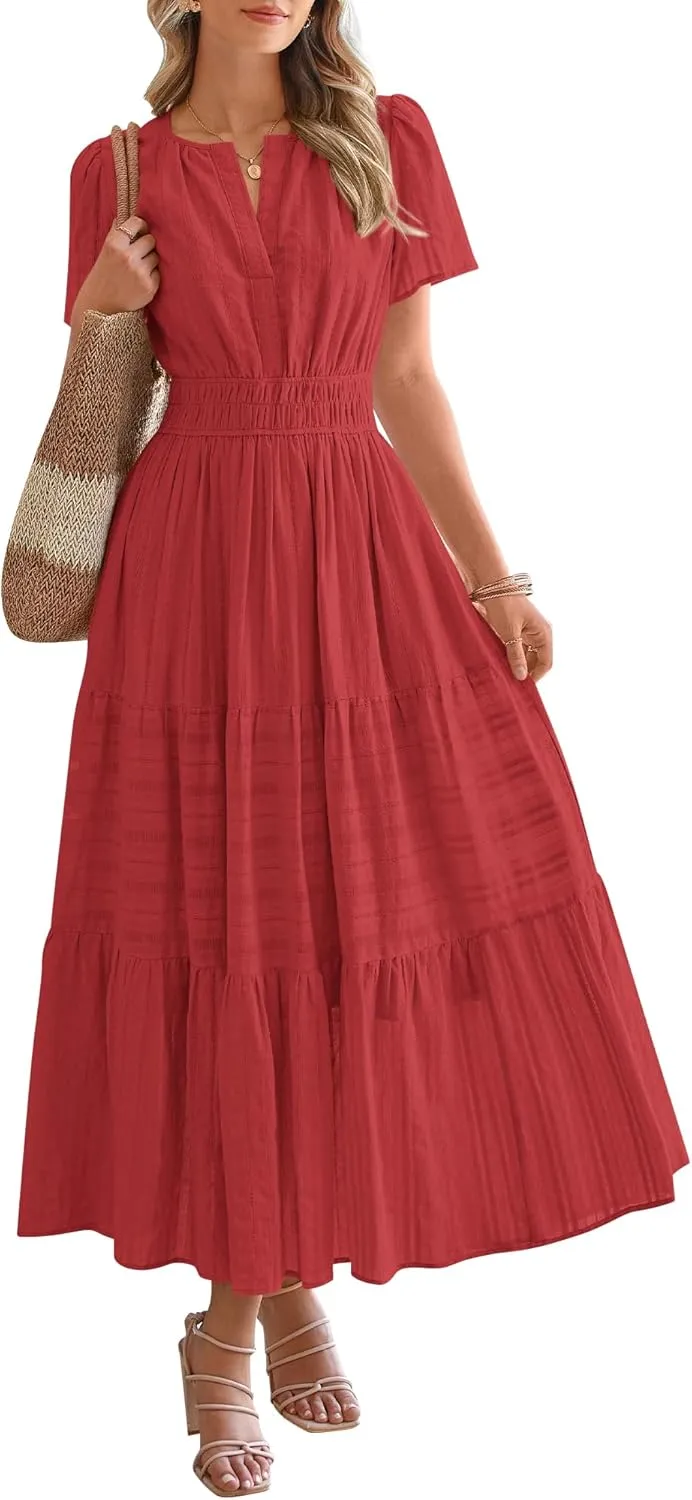 Women's V-Neck Pleated Long Dress – Elegant Solid Short Sleeve Maxi Dress