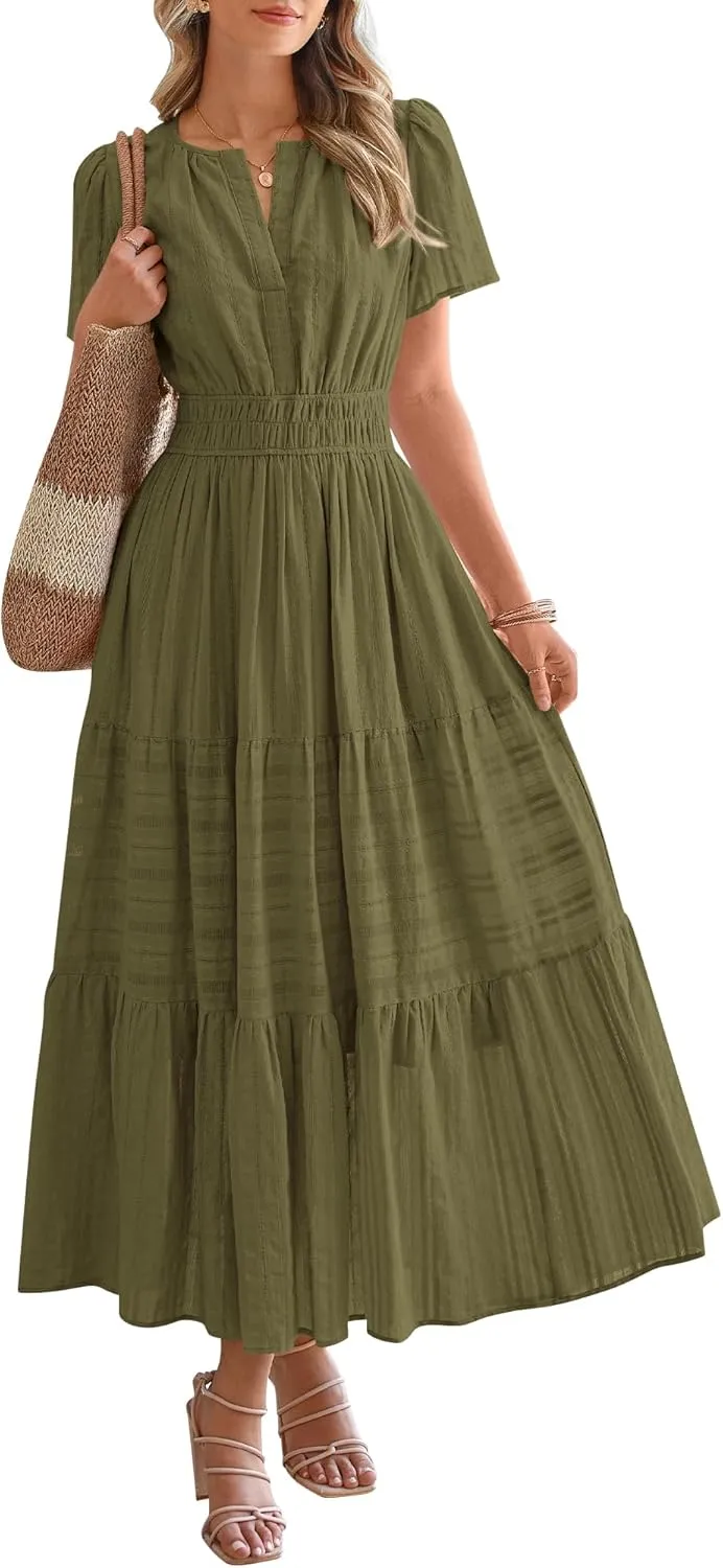 Women's V-Neck Pleated Long Dress – Elegant Solid Short Sleeve Maxi Dress