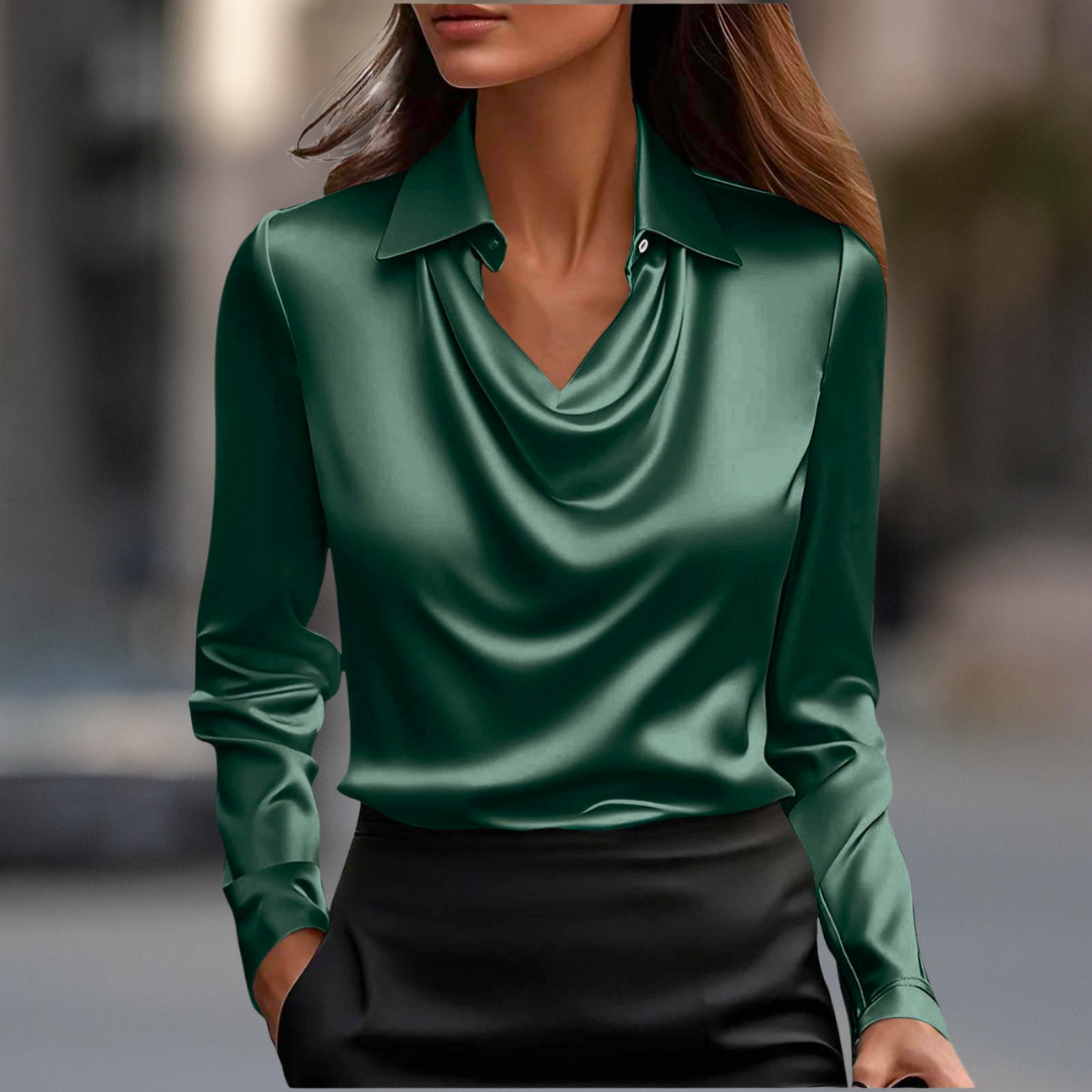 Oanvor Chic Silky Satin Draped Neck Blouse