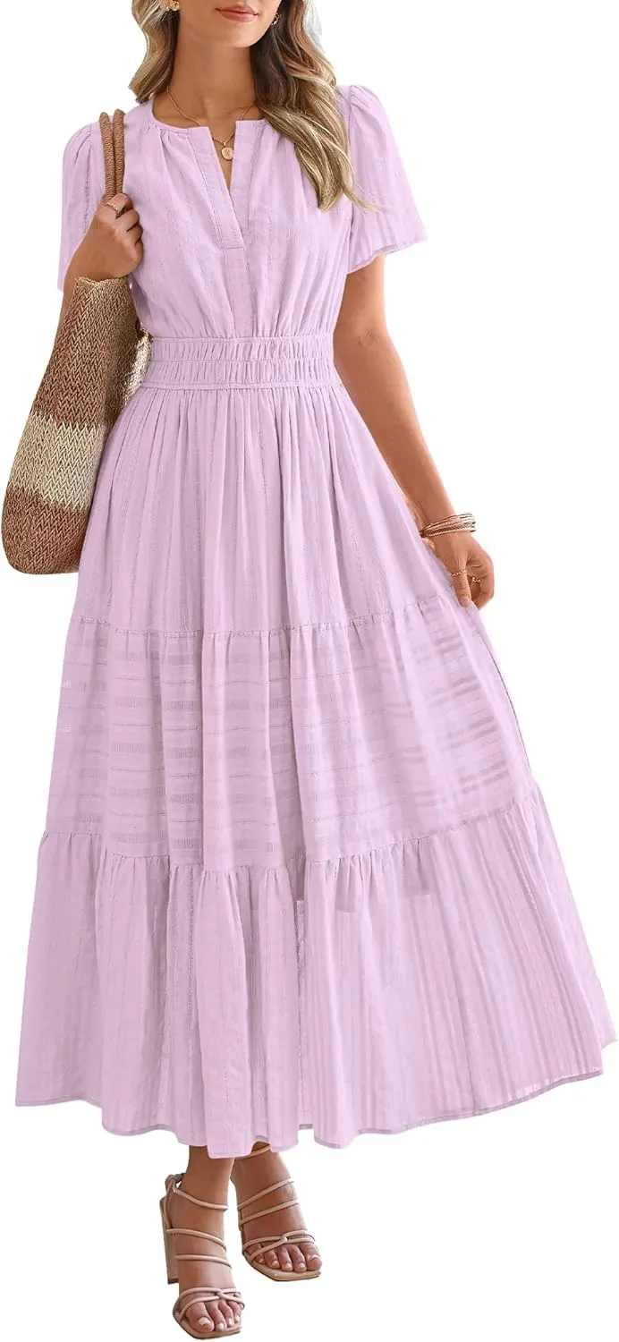 Women's V-Neck Pleated Long Dress – Elegant Solid Short Sleeve Maxi Dress