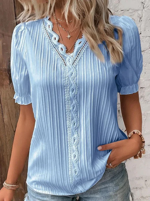 Women’s Elegant Solid Hollow Out Lace Blouse Summer Casual Loose Short Sleeve Shirt