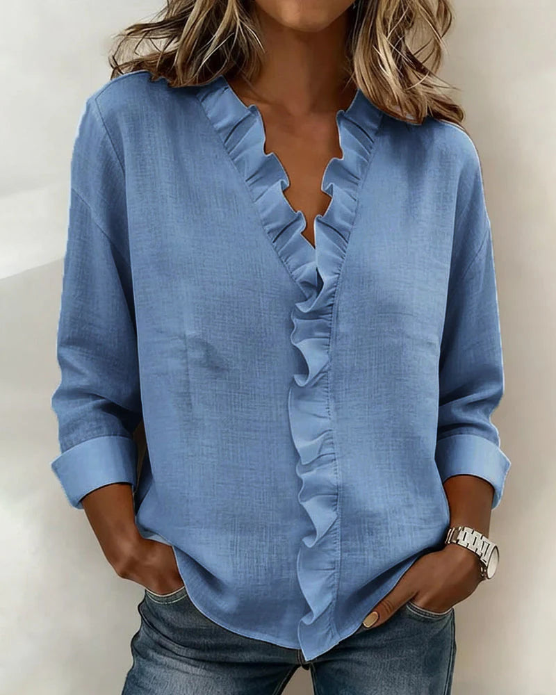 Linen Ruffled V-Neck Long-Sleeve Shirt