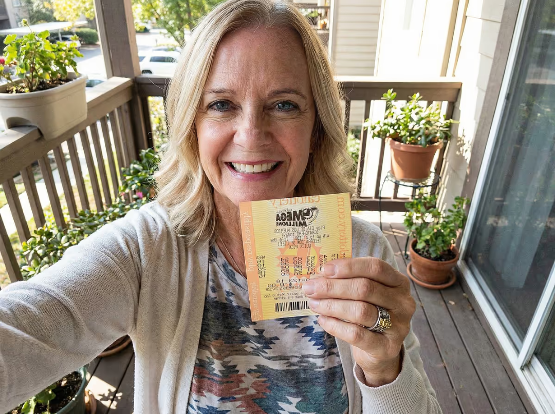 Linda P. with her winning scratch card
