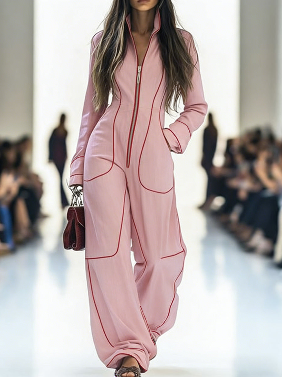 Long Sleeves Wide Leg Zipper Stand Collar Jumpsuits
