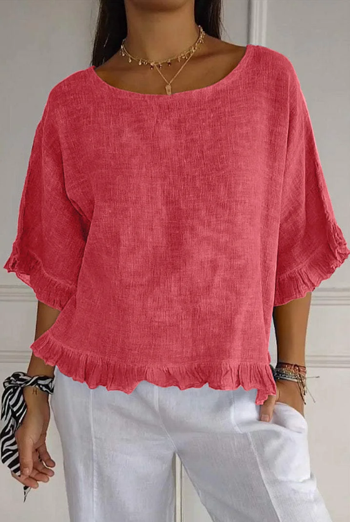 🔥Clearance Sale🔥 Women's Round Neck Ruffled Cotton And Linen Top