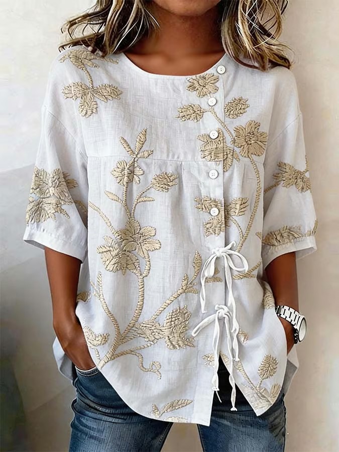 New Arrivals🔥 Women'S Casual Vintage Flower Art Print Printed Linen Cotton Shirt