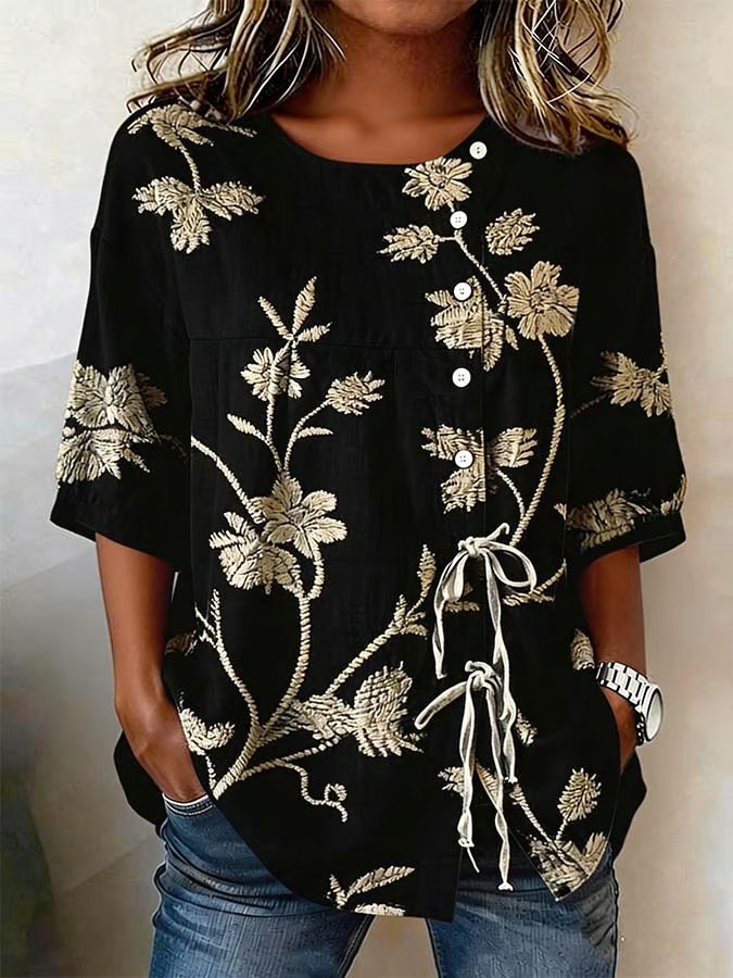 New Arrivals🔥 Women'S Casual Vintage Flower Art Print Printed Linen Cotton Shirt