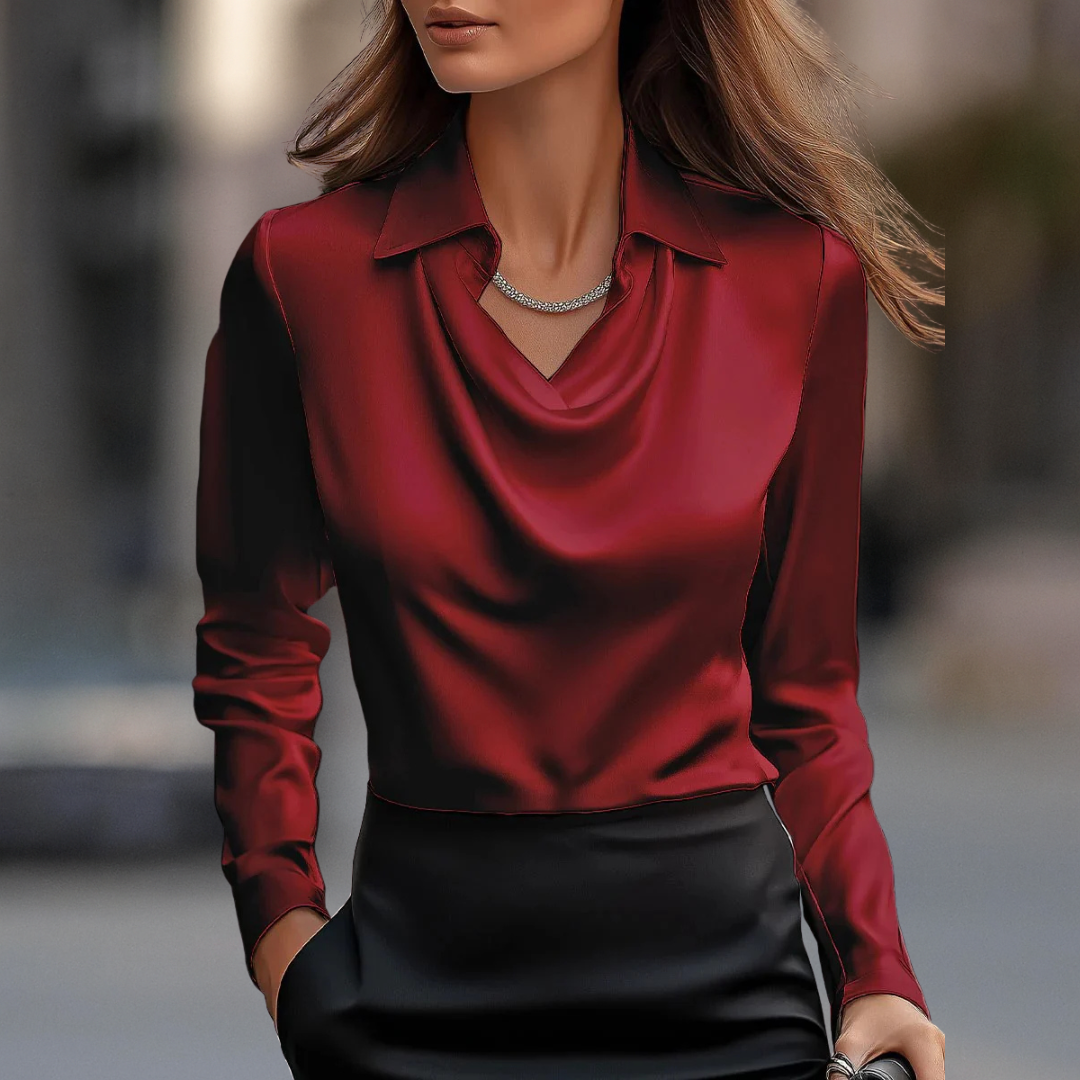 Oanvor Chic Silky Satin Draped Neck Blouse