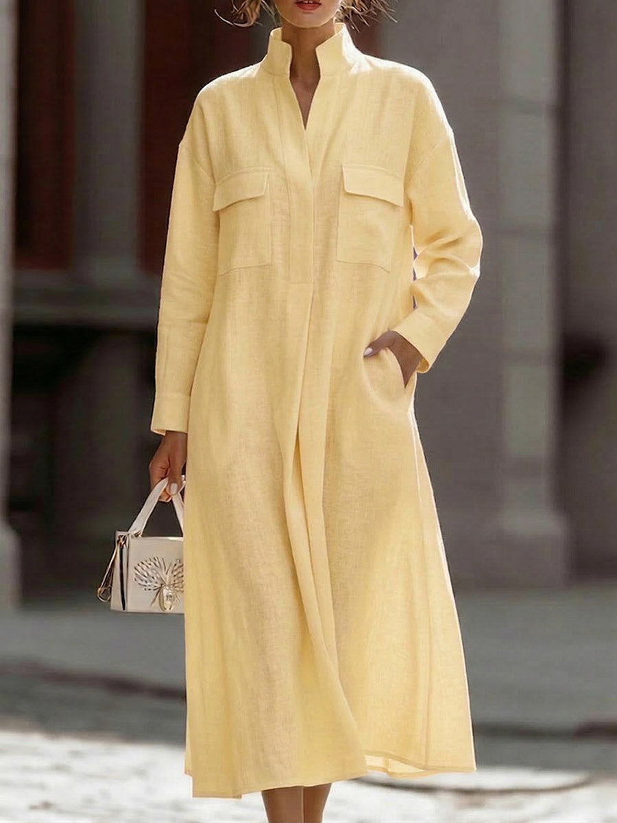 Women's Solid-color V-neck Long-sleeve Casual Loose Cotton-linen Dress