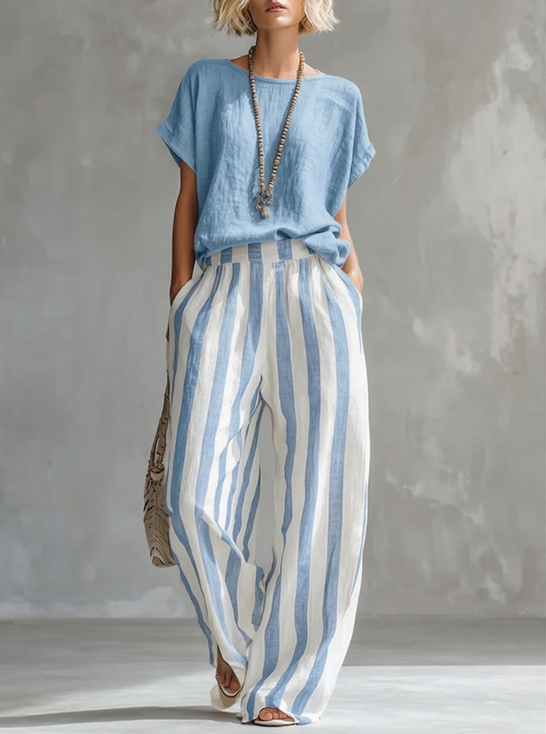Women’s Cozy Loose-fit Striped Cotton-linen Two-piece Set
