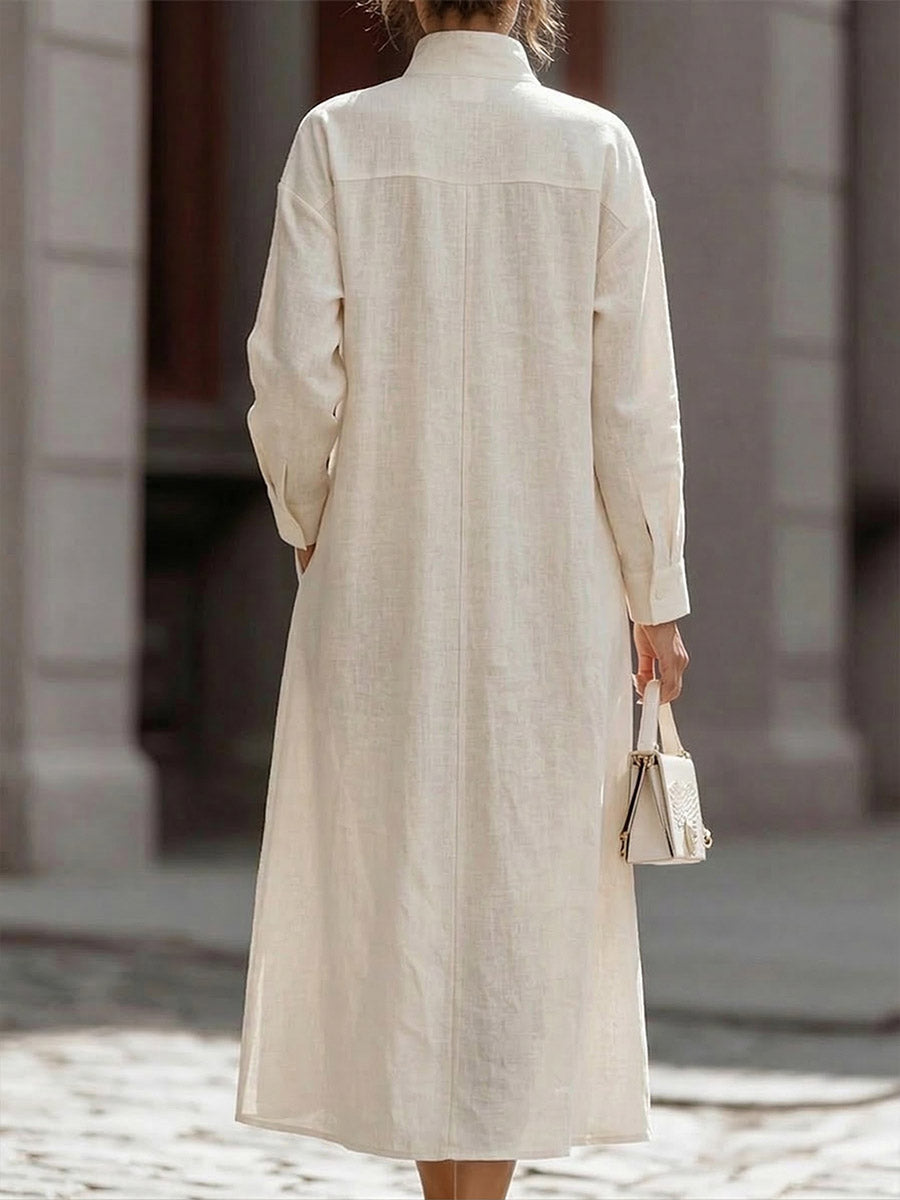 Women's Solid-color V-neck Long-sleeve Casual Loose Cotton-linen Dress