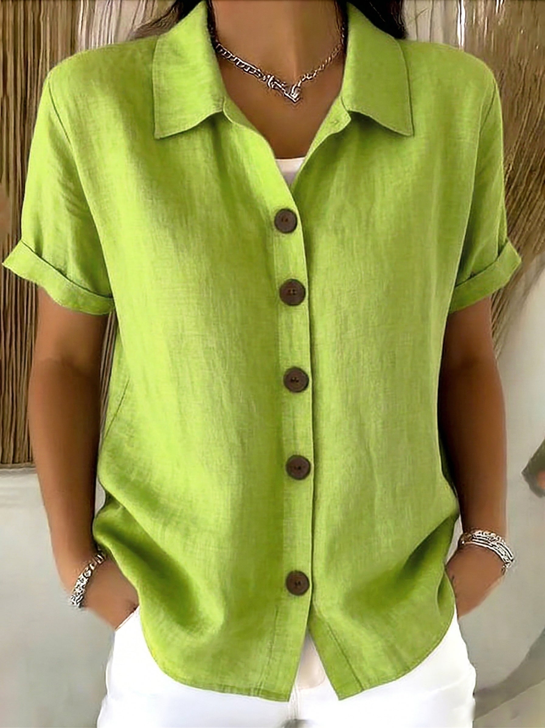 Women’s Linen Cotton Cozy Basic Button-Up Shirt – Casual Short Sleeve Summer Blouse