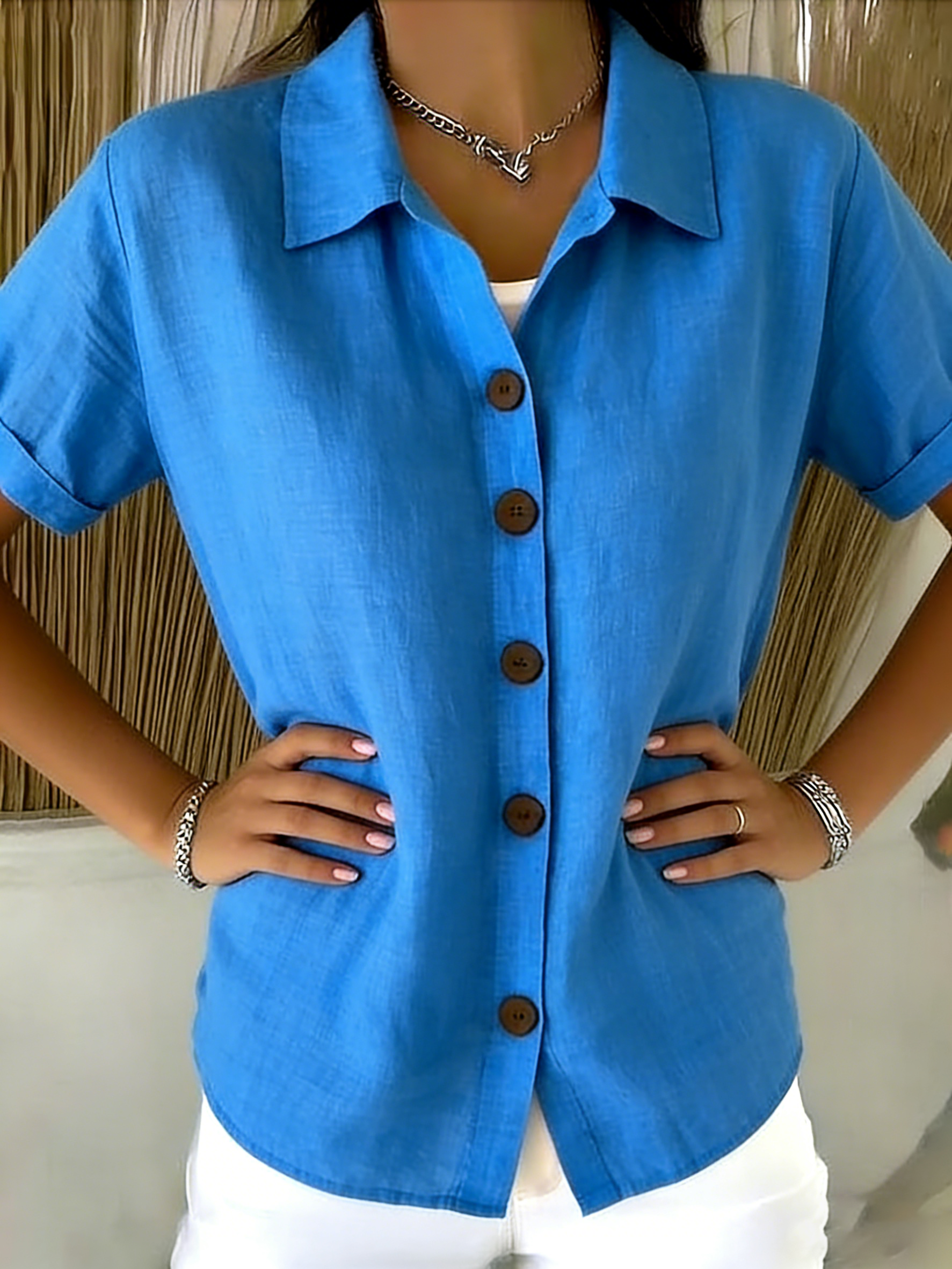 Women’s Linen Cotton Cozy Basic Button-Up Shirt – Casual Short Sleeve Summer Blouse
