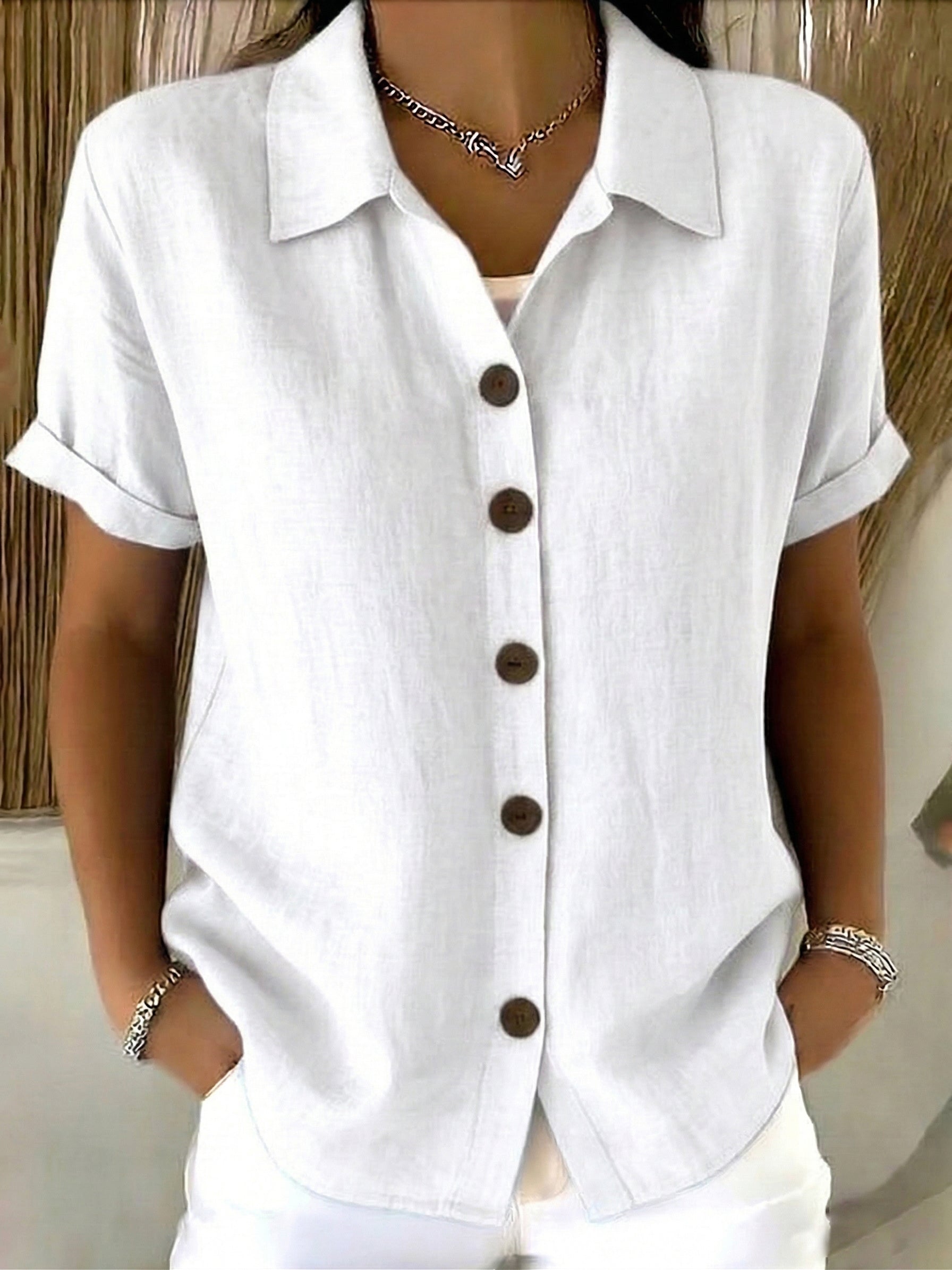 Women’s Linen Cotton Cozy Basic Button-Up Shirt – Casual Short Sleeve Summer Blouse