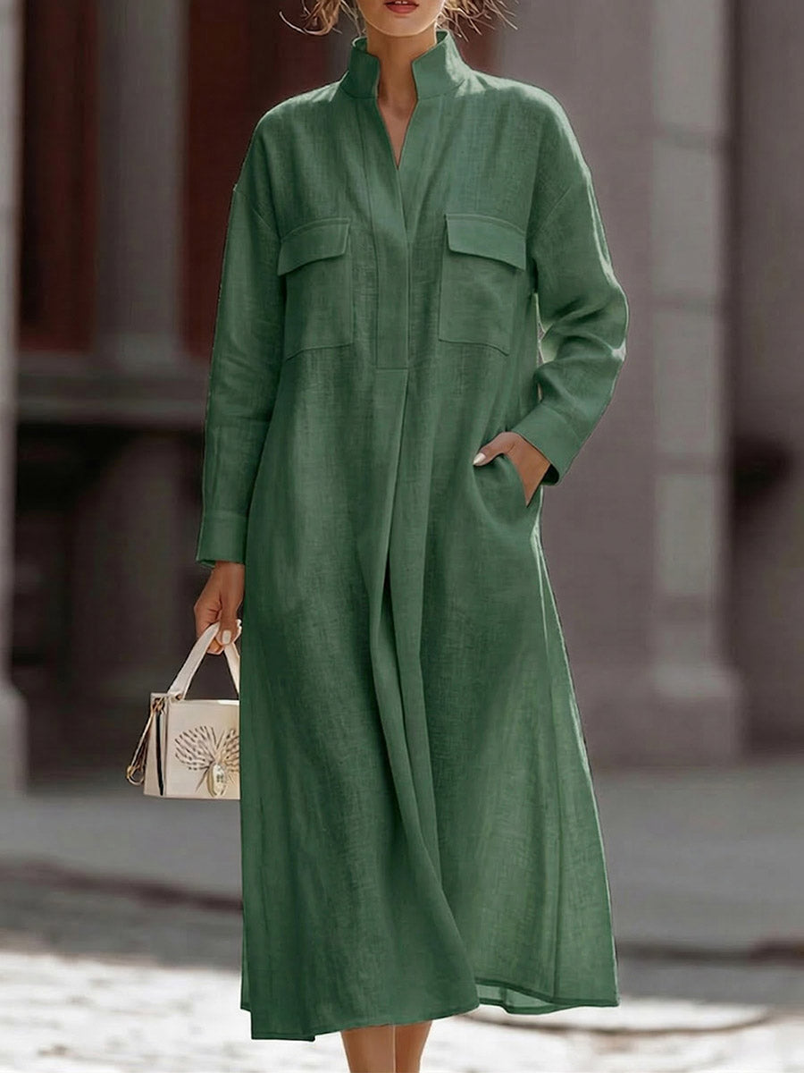 Women's Solid-color V-neck Long-sleeve Casual Loose Cotton-linen Dress