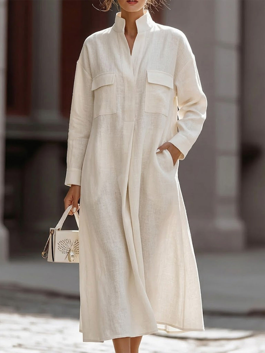 Women's Solid-color V-neck Long-sleeve Casual Loose Cotton-linen Dress