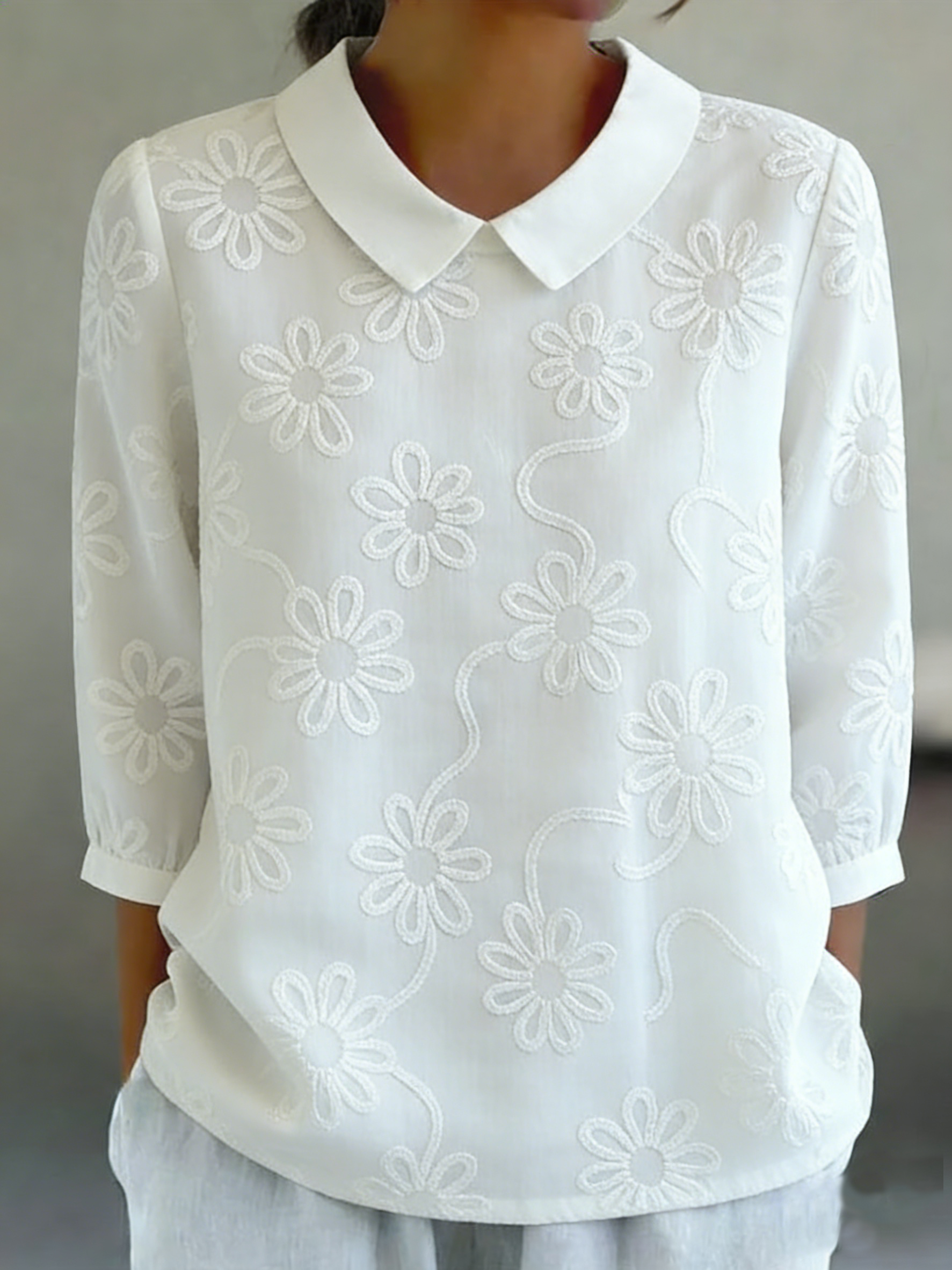 Romantic Floral Embroidered Peter Pan Collar Shirt Blouse