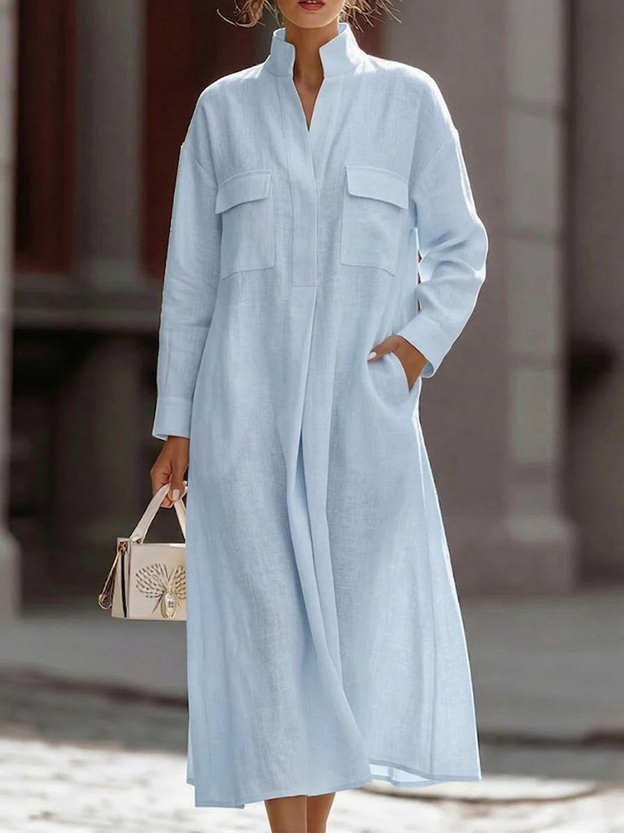 Women's Solid-color V-neck Long-sleeve Casual Loose Cotton-linen Dress