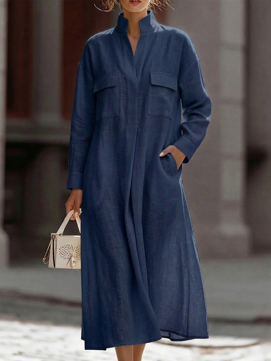 Women's Solid-color V-neck Long-sleeve Casual Loose Cotton-linen Dress