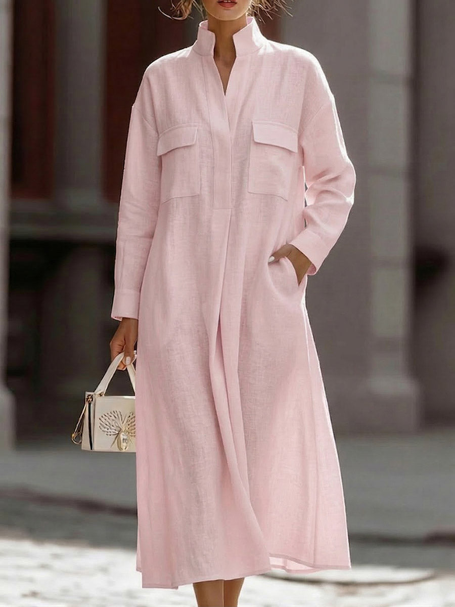 Women's Solid-color V-neck Long-sleeve Casual Loose Cotton-linen Dress