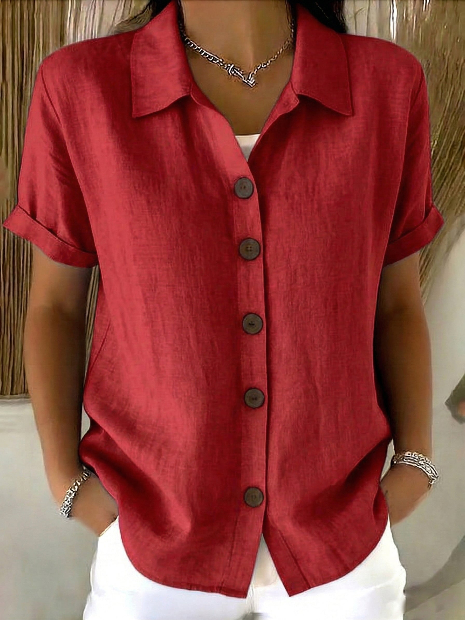 Women’s Linen Cotton Cozy Basic Button-Up Shirt – Casual Short Sleeve Summer Blouse