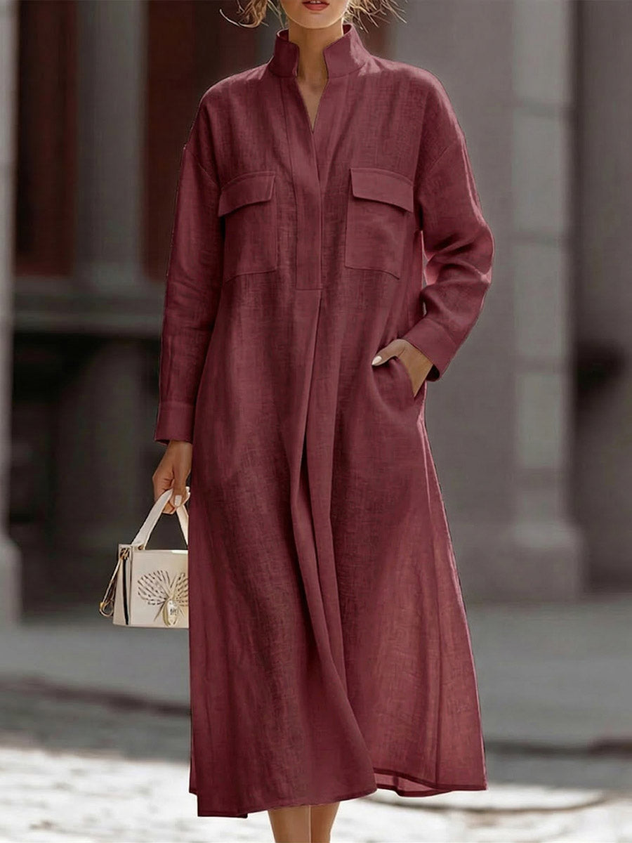 Women's Solid-color V-neck Long-sleeve Casual Loose Cotton-linen Dress