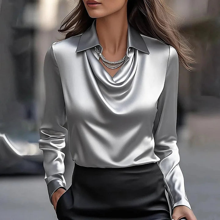 Oanvor Chic Silky Satin Draped Neck Blouse