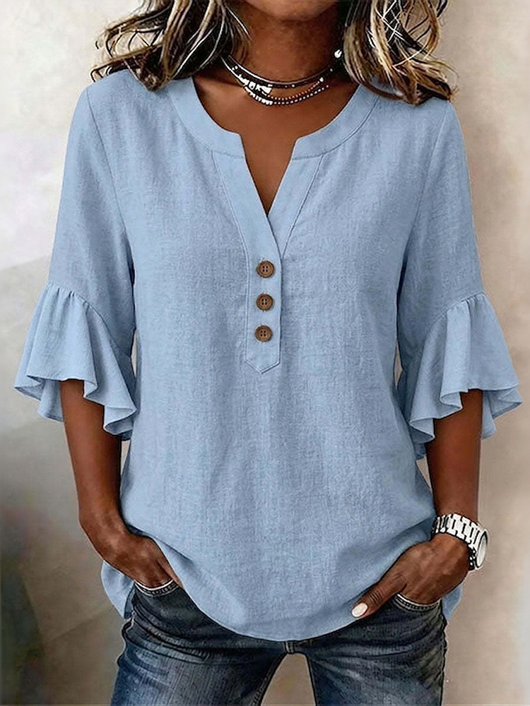 Simfit women's casual top made of a cotton-linen blend in a solid color with bell sleeves